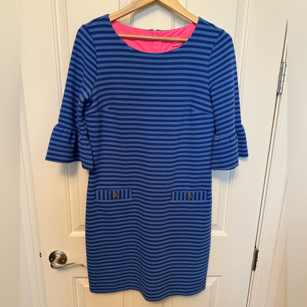 Two-toned blue Lilly Pulitzer dress with 3/4 ruffle sleeves